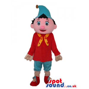 Cute Boy Plush Mascot Wearing A Red T-Shirt And Blue Pointy Hat
