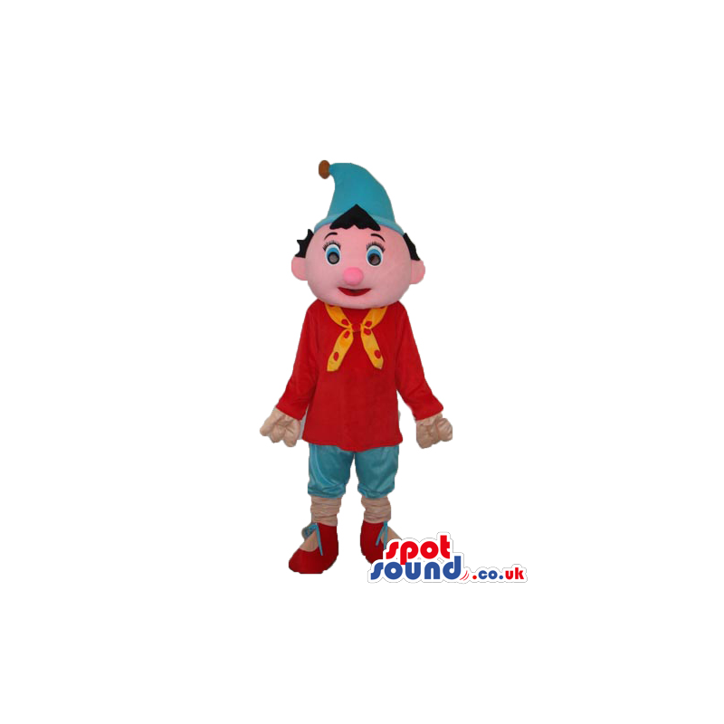 Cute Boy Plush Mascot Wearing A Red T-Shirt And Blue Pointy Hat