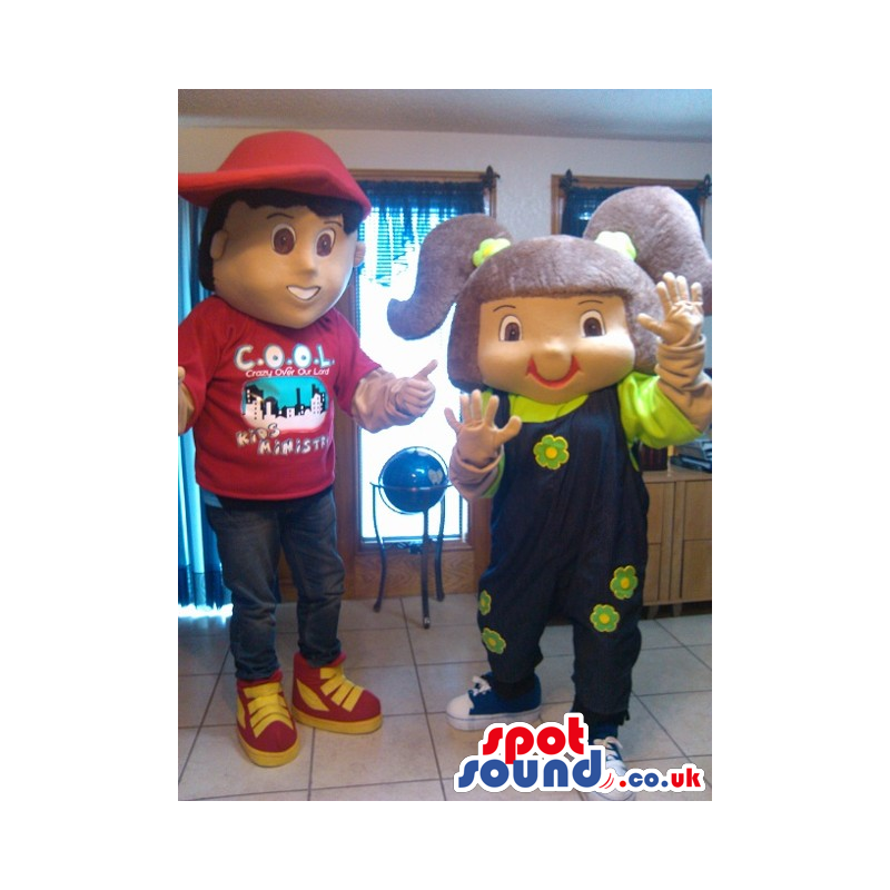Boy With A Red Cap And A Girl With Purple Pony Tails Mascots -