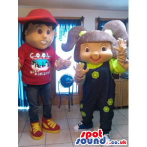 Boy With A Red Cap And A Girl With Purple Pony Tails Mascots -