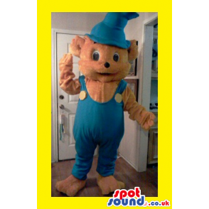Cute Brown Bear Plush Mascot Wearing Blue Overalls And Long Hat