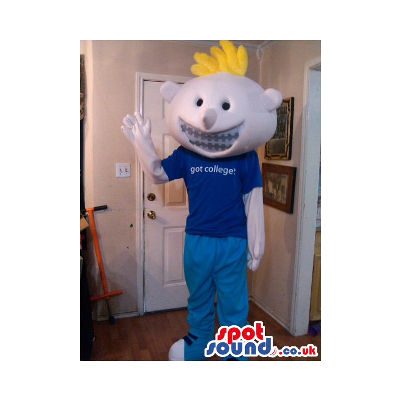 Blond Boy Plush Mascot Wearing Braces And T-Shirt With Text -