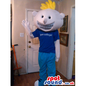 Blond Boy Plush Mascot Wearing Braces And T-Shirt With Text -
