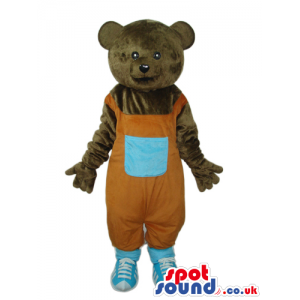 Brown Bear Plush Mascot Wearing Orange Overalls With A Pocket -