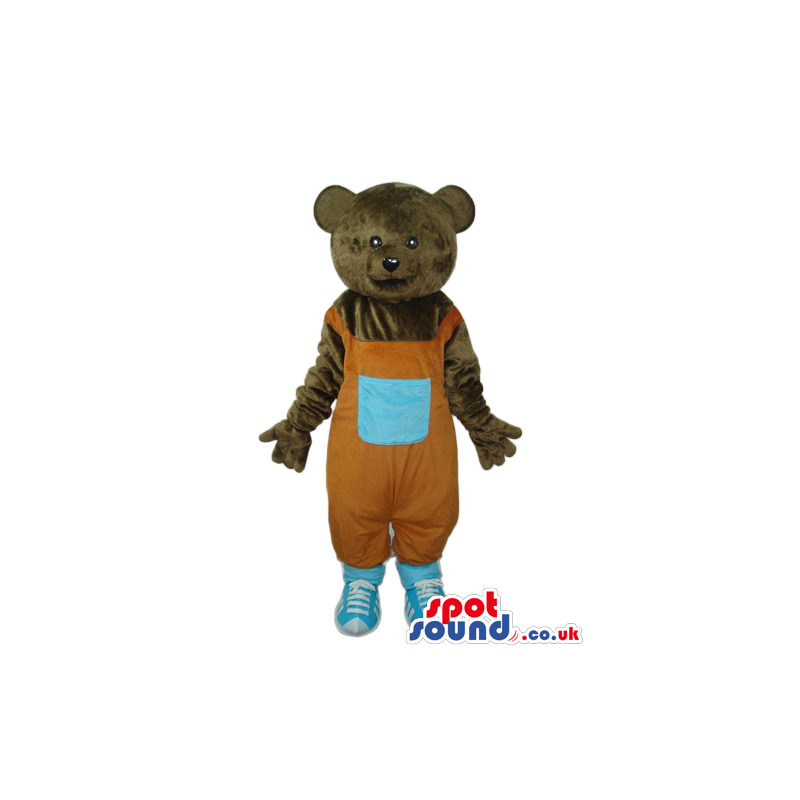 Brown Bear Plush Mascot Wearing Orange Overalls With A Pocket -