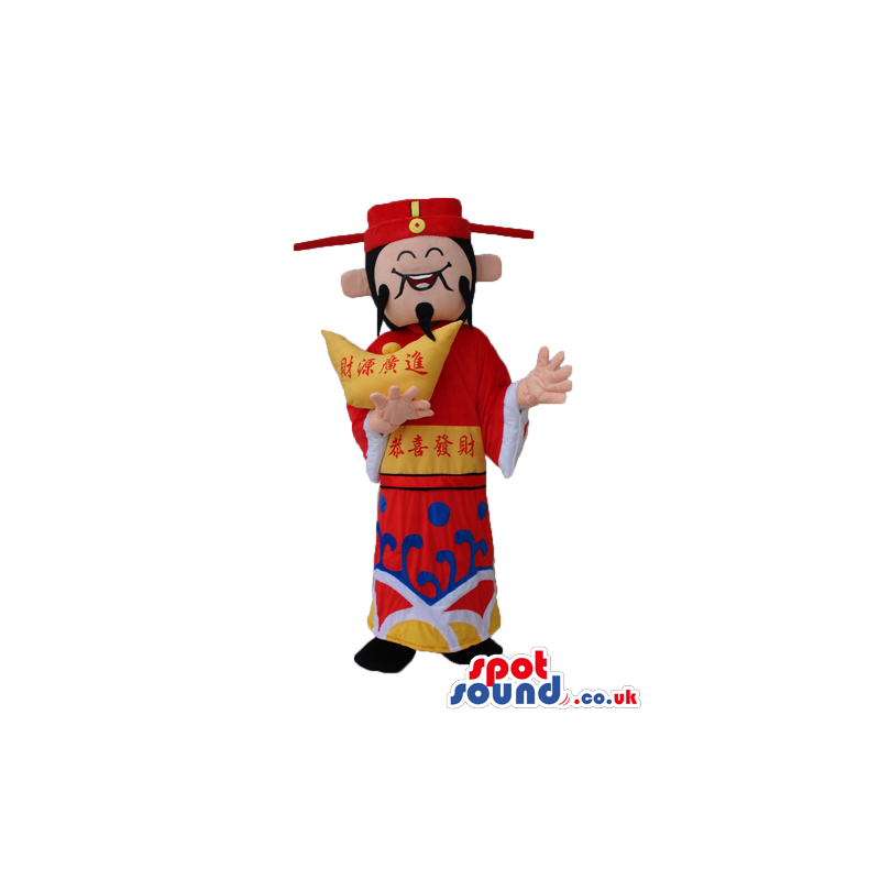 Chinese Man Character Plush Mascot Wearing Oriental Red Clothes