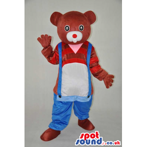 Brown Bear Plush Mascot Wearing Low Overalls And Striped