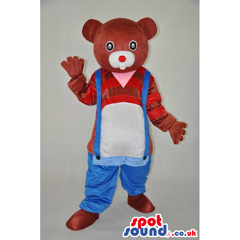 Brown Bear Plush Mascot Wearing Low Overalls And Striped