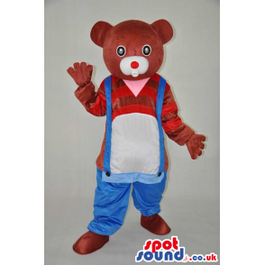 Brown Bear Plush Mascot Wearing Low Overalls And Striped