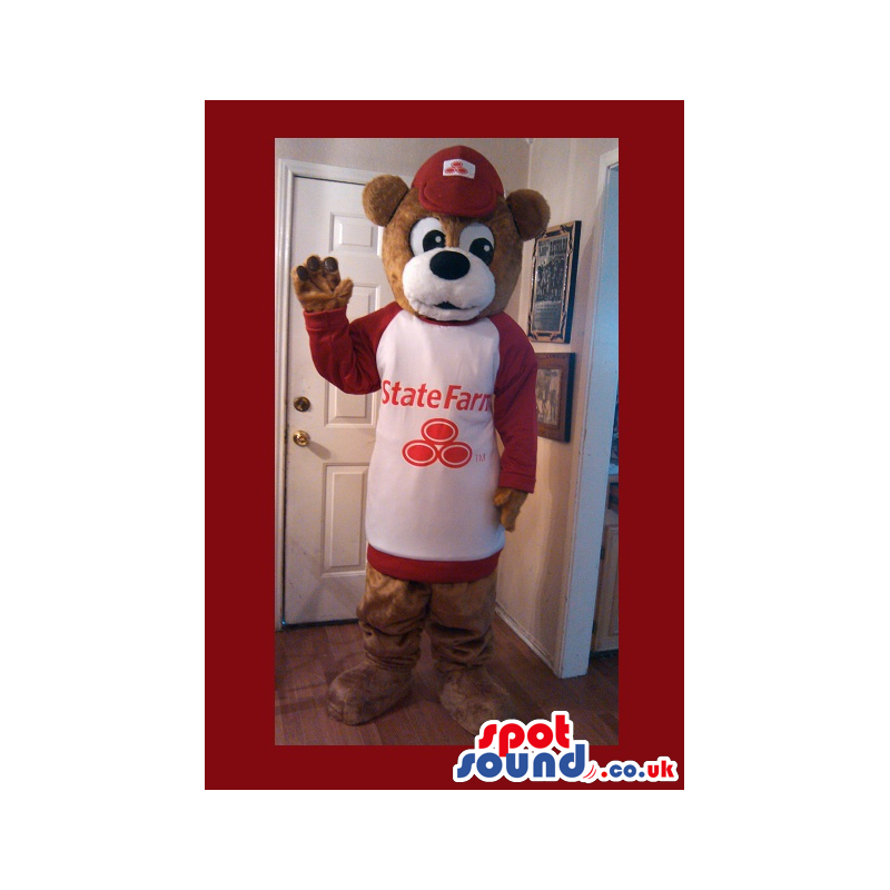 Brown Bear Plush Mascot Wearing Red And White Sweater With Logo