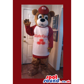 Brown Bear Plush Mascot Wearing Red And White Sweater With Logo