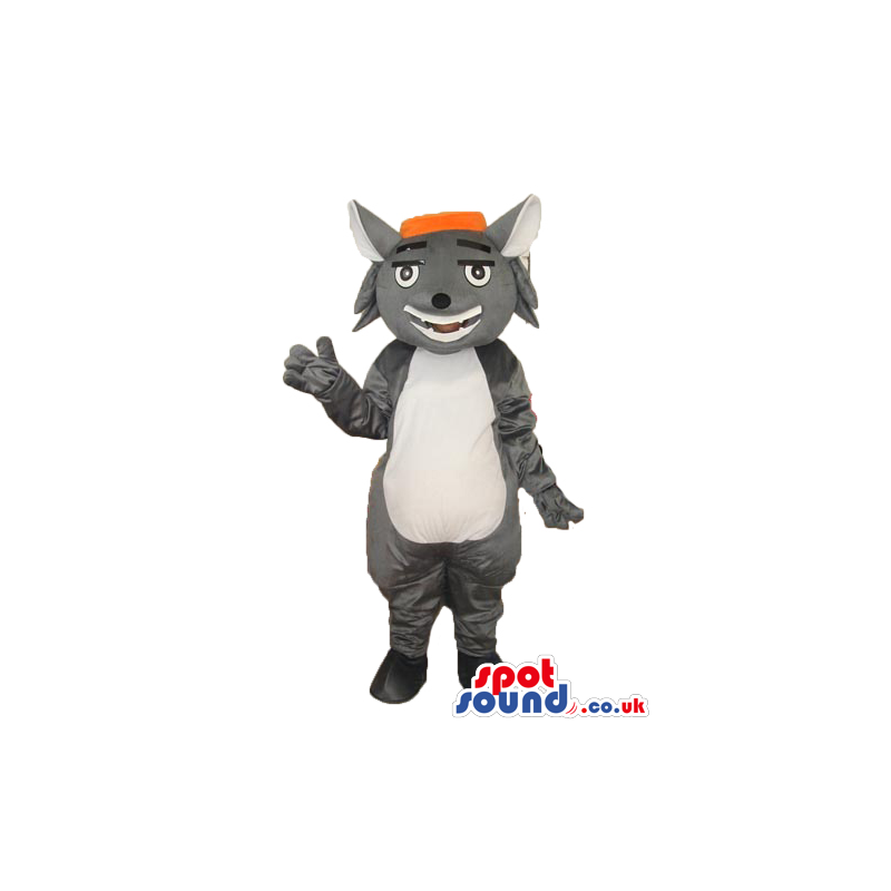 Cartoon Grey Cat Mascot With White Belly Wearing An Orange Cap