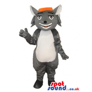 Cartoon Grey Cat Mascot With White Belly Wearing An Orange Cap