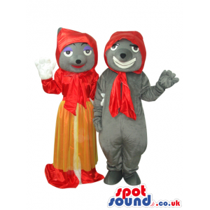 Boy And Girl Grey Mouse Couple Mascots Wearing Red Garments -