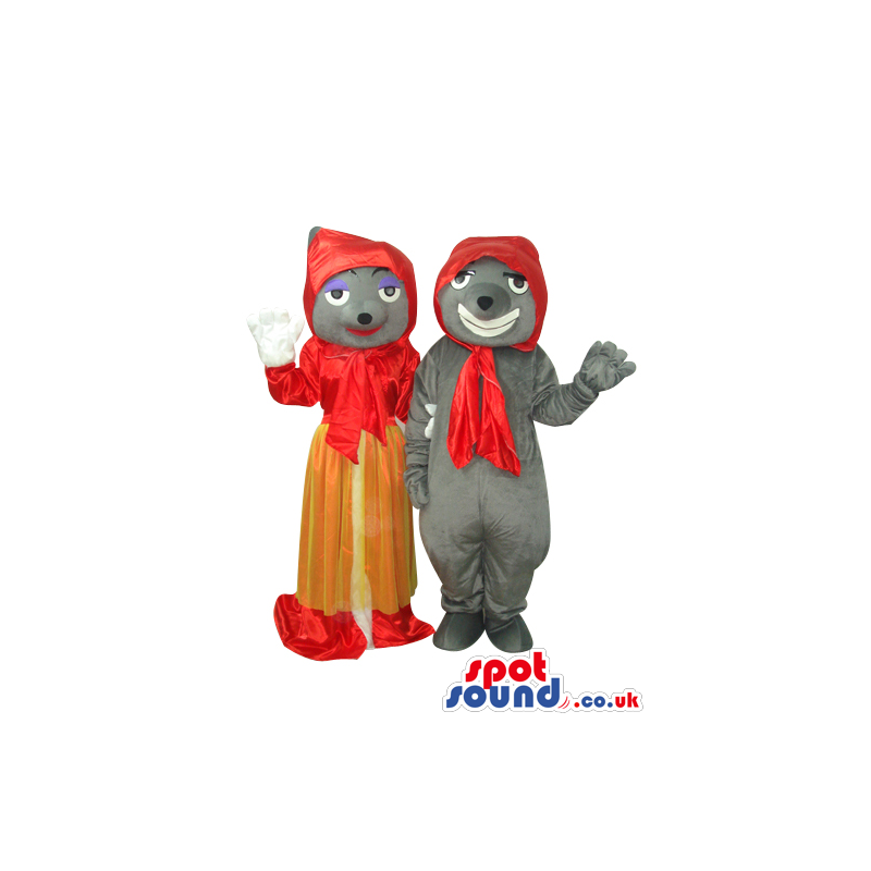 Boy And Girl Grey Mouse Couple Mascots Wearing Red Garments -
