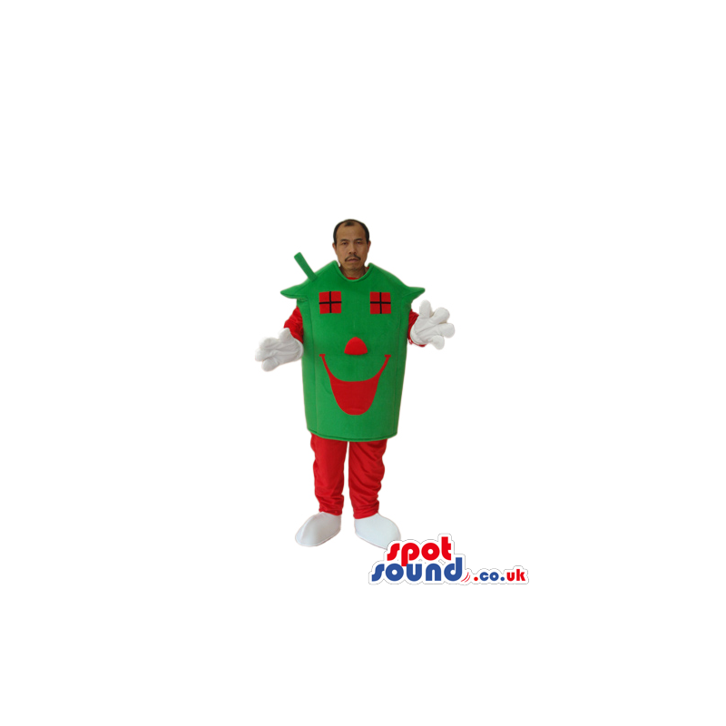 Advertising Green And Red House Costume Or Mascot With A Face -