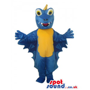 Blue Dragon Plush Mascot With Blue Wings And A Yellow Belly -