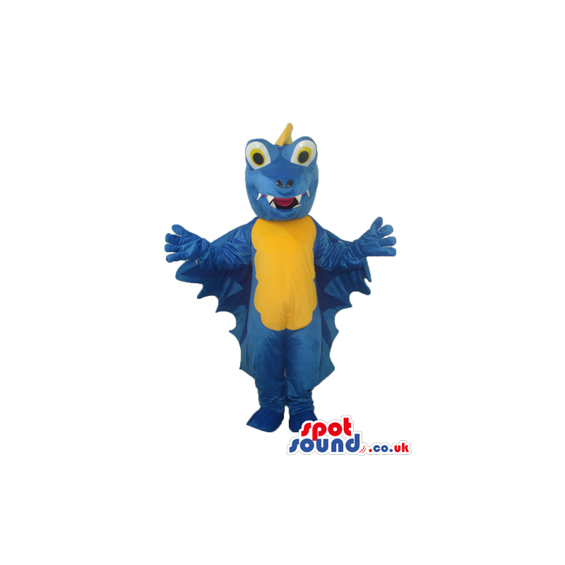 Blue Dragon Plush Mascot With Blue Wings And A Yellow Belly -