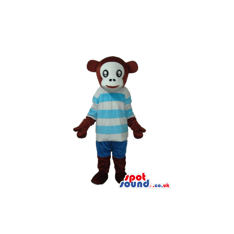 Brown Monkey Animal Plush Mascot With A Blue Stripes T-Shirt -