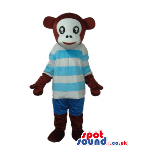 Brown Monkey Animal Plush Mascot With A Blue Stripes T-Shirt -