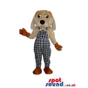 Brown And Beige Dog Plush Mascot Wearing Checked Overalls -