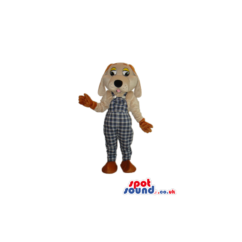 Brown And Beige Dog Plush Mascot Wearing Checked Overalls -