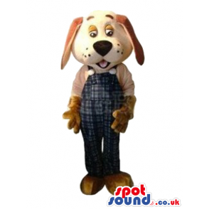Brown And Beige Dog Plush Mascot Wearing Checked Overalls -