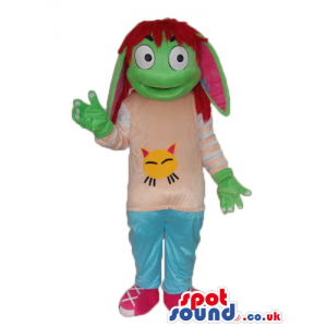 Green Creature Girl Plush Mascot With Brown Hair Wearing