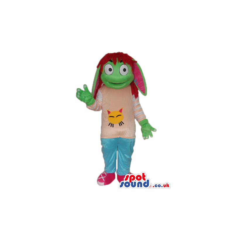 Green Creature Girl Plush Mascot With Brown Hair Wearing