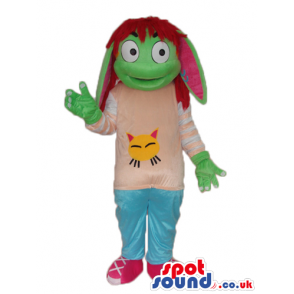 Green Creature Girl Plush Mascot With Brown Hair Wearing