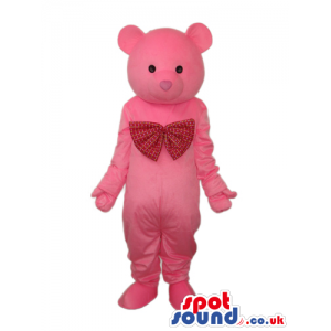 Cute Pink Teddy Bear Mascot Wearing A Big Red Ribbon - Custom