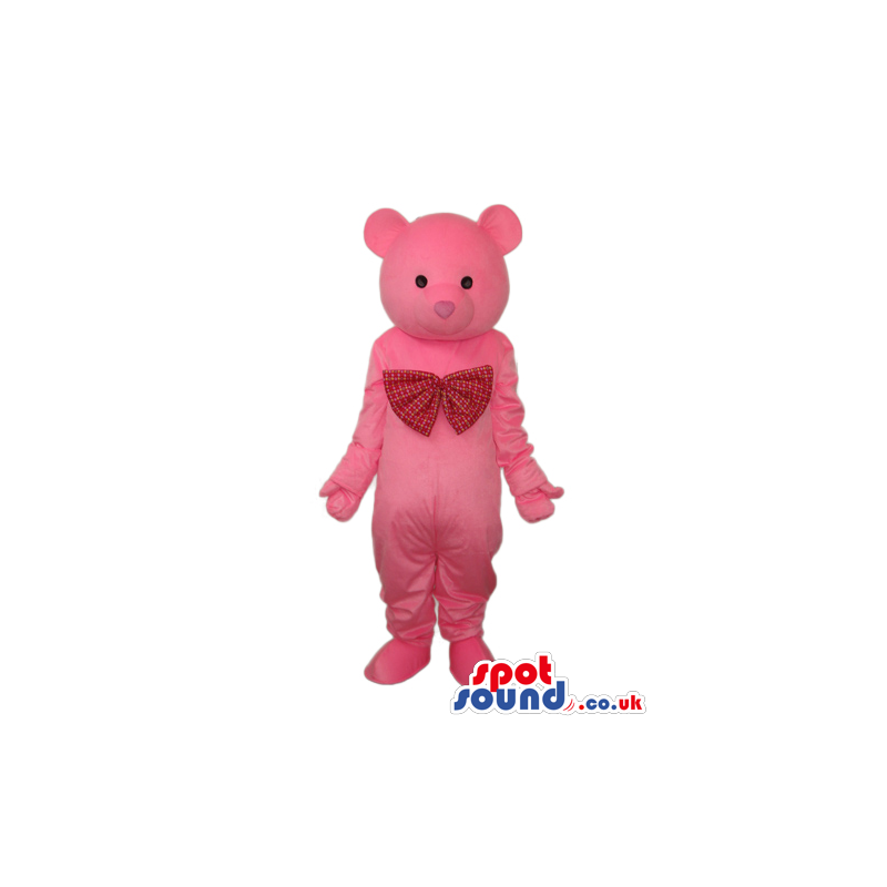Cute Pink Teddy Bear Mascot Wearing A Big Red Ribbon - Custom