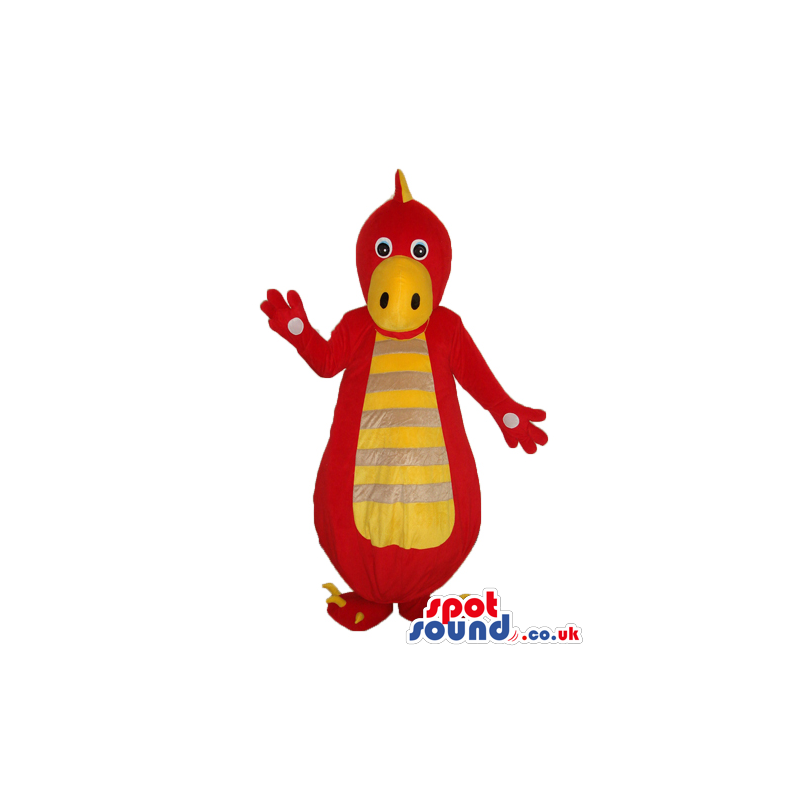 Cute Red Dinosaur Mascot With A Yellow Belly With Stripes -