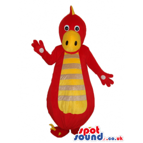 Cute Red Dinosaur Mascot With A Yellow Belly With Stripes -
