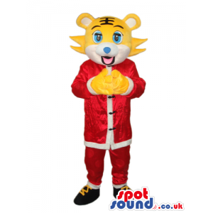 Yellow Tiger Animal Plush Mascot Wearing Oriental Red Clothes -