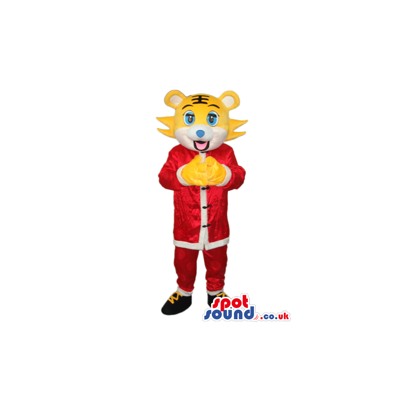 Yellow Tiger Animal Plush Mascot Wearing Oriental Red Clothes -