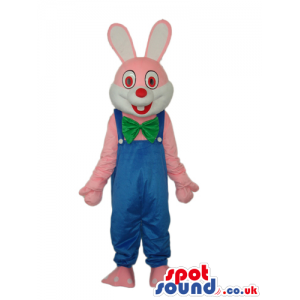 Pink Rabbit Or Bunny Plush Mascot Wearing Blue Overalls -