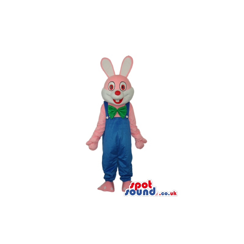 Pink Rabbit Or Bunny Plush Mascot Wearing Blue Overalls -