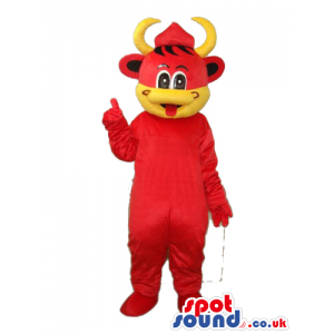 Cute Red And Yellow Cow Plush Mascot With A Hat And Horns -