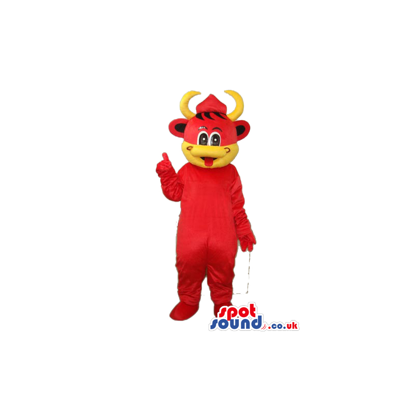 Cute Red And Yellow Cow Plush Mascot With A Hat And Horns -