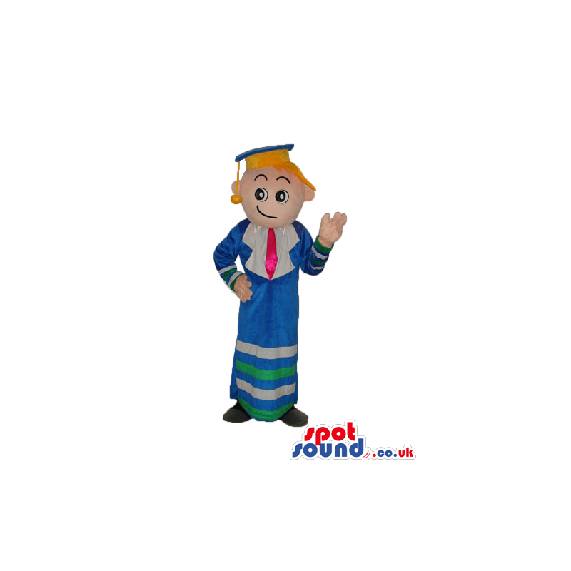 Blond Boy Plush Mascot Wearing Graduation Blue Garments -