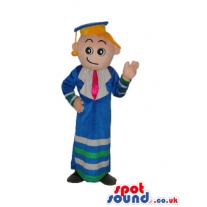 Blond Boy Plush Mascot Wearing Graduation Blue Garments -
