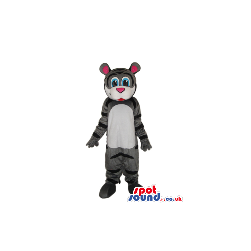 Cute Grey And White Cartoon Tiger Plush Mascot With Pink Ears -