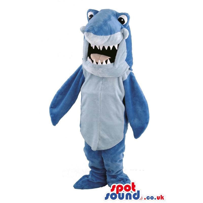 Blue shark mascot with his mouth open showing his sharp teeth -