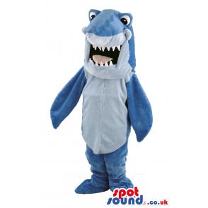 Blue shark mascot with his mouth open showing his sharp teeth -