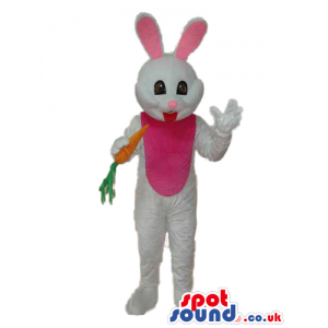 White Bunny Plush Mascot With A Pink Belly And Small Carrot -