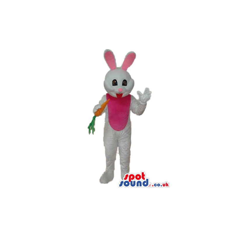 White Bunny Plush Mascot With A Pink Belly And Small Carrot -