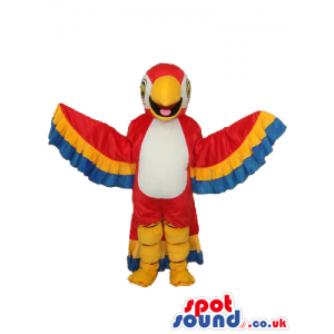 Red Parrot Plush Mascot With A White Belly And Open Wings -