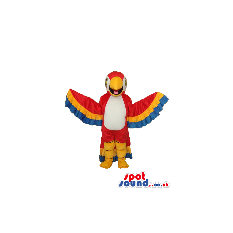 Red Parrot Plush Mascot With A White Belly And Open Wings -