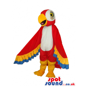 Red Parrot Plush Mascot With A White Belly And Open Wings -